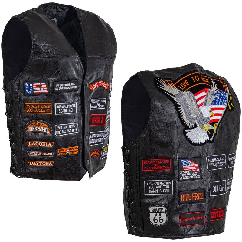 Patchwork Leather Vest - Men's - 32 Patches - Biker - GFVBIK32-BN
