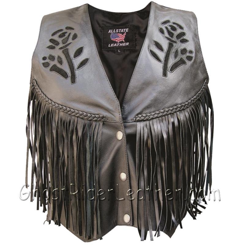 Leather Motorcycle Vest - Women's - Black Rose - Braid - Fringe - AL2307-AL