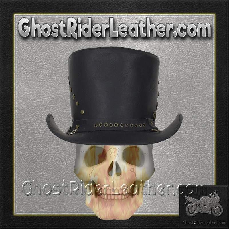 Black Leather Top Hat with Brass Studs / SKU GRL-HAT15-11-DL