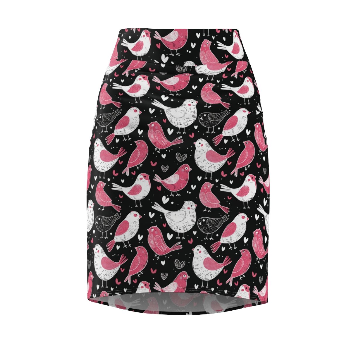 Doodle Love Birds - Pink White on Black - Women's Pencil Skirt (AOP)