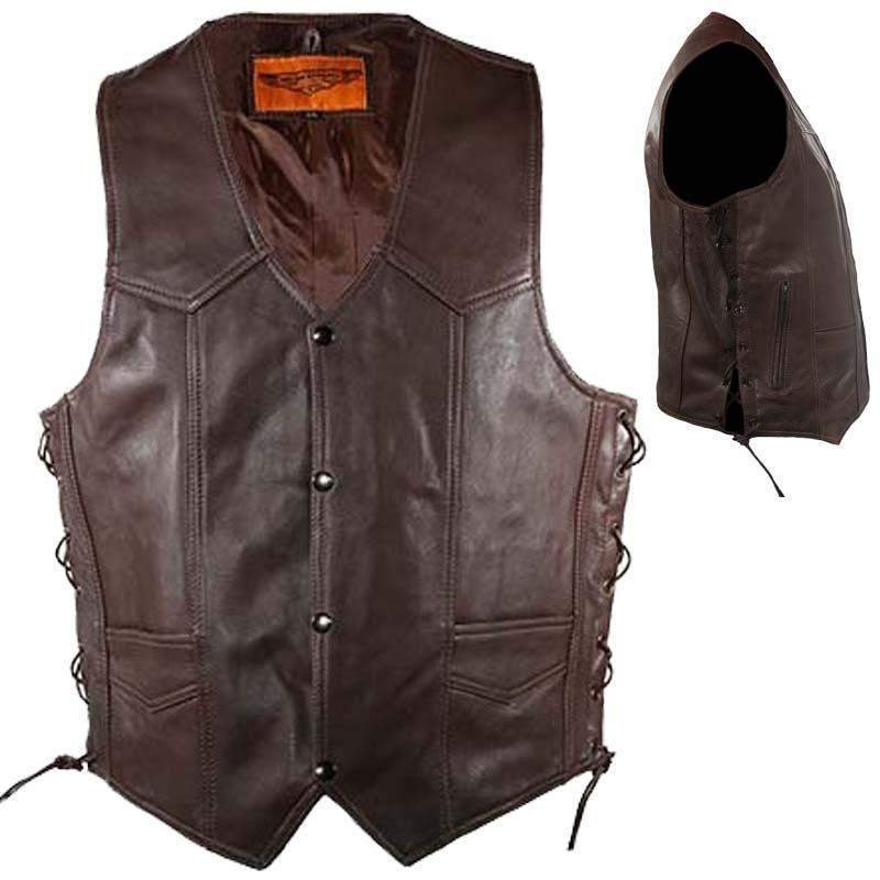 Leather Motorcycle Vest - Men's - Brown - 10 Pocket - MV310-BRN-11-DL