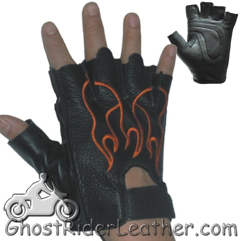 Leather Motorcycle Gloves - Fingerless - Orange Flames - GL2017-DL