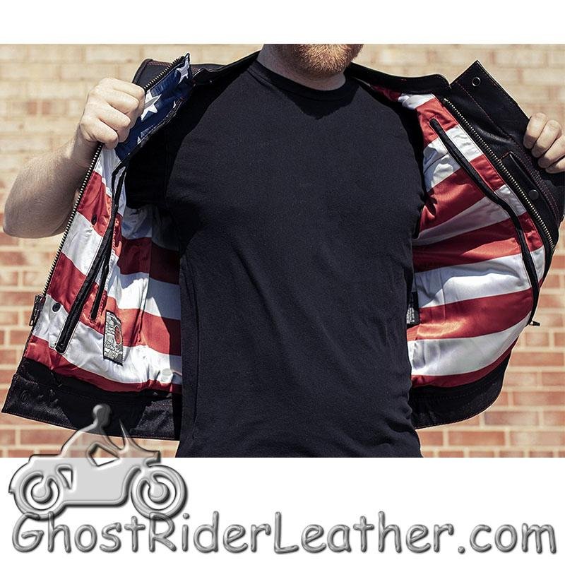 Leather Motorcycle Vest - Men's - Red Stitching - Up To Size 8XL - USA Flag Lining - FIM684CDM-FM