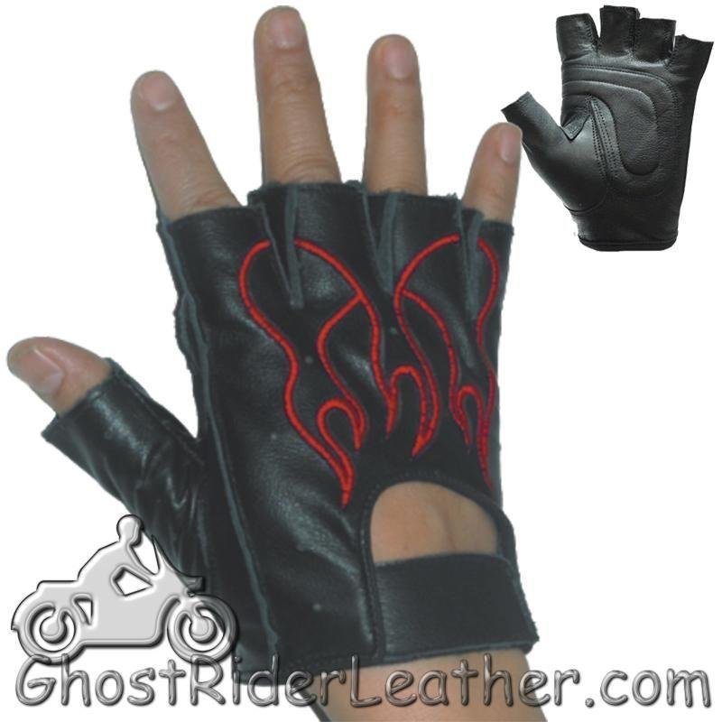 Fingerless Biker Leather Motorcycle Gloves With Red Flames - SKU GL2019-DL