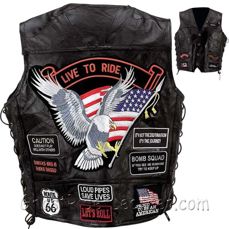 Leather Motorcycle Vest - Men's - Patchwork -  Concealed Carry - 14 Patches - GFVBIK14-BN