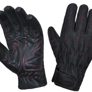 UNIK Full Finger Black Denim - Leather Reinforced Gloves with Red Stitching - SKU 8168-00-UN