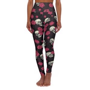 Skulls and Roses Doodles - Pink White on Black - High Waisted Yoga Leggings (AOP)