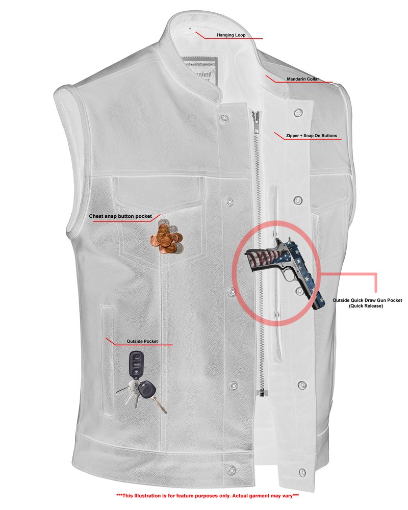 thumbnail image 2 of Men's Canvas Motorcycle Vest With Distressed Brown Leather Trim – Gun Pockets & Concealed Carry – Sizes 42-60 2 of 6