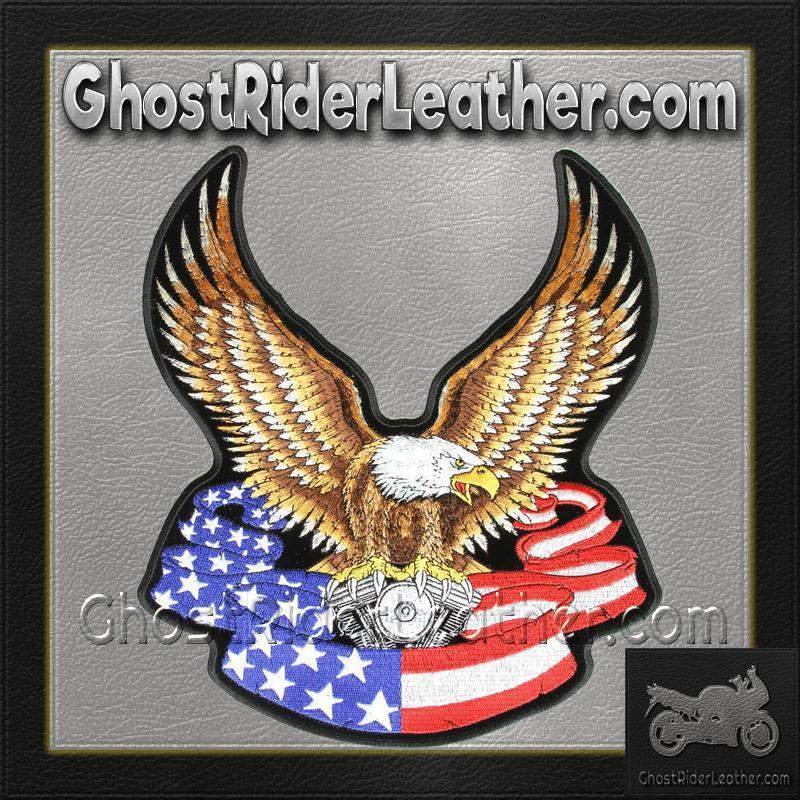 Eagle with V-Twin and American Flag Banner Vest Patch - Small - SKU GRL-PPA1092-HI