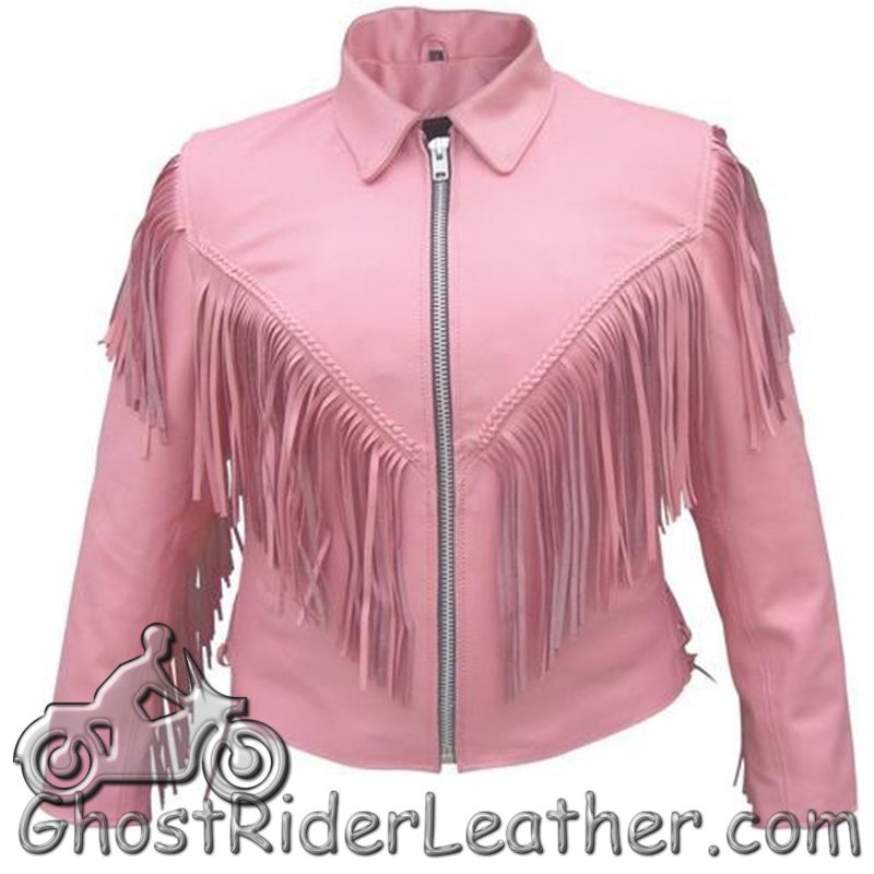 Ladies Biker Pink Leather Jacket with Fringe - SKU AL2121-AL