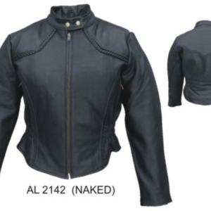 Ladies Racer Biker Leather Jacket With Braid Trim - SKU AL2142-AL