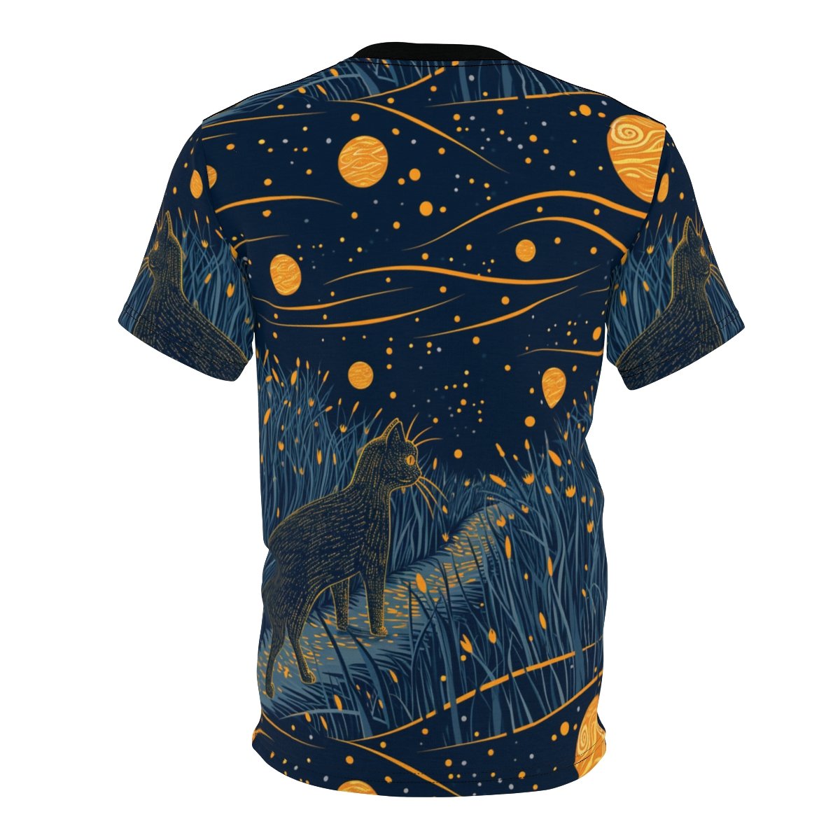 Cat and the Golden Moons - Dark Blue Orange Gold Multi Colors - Unisex T-Shirt - Tee