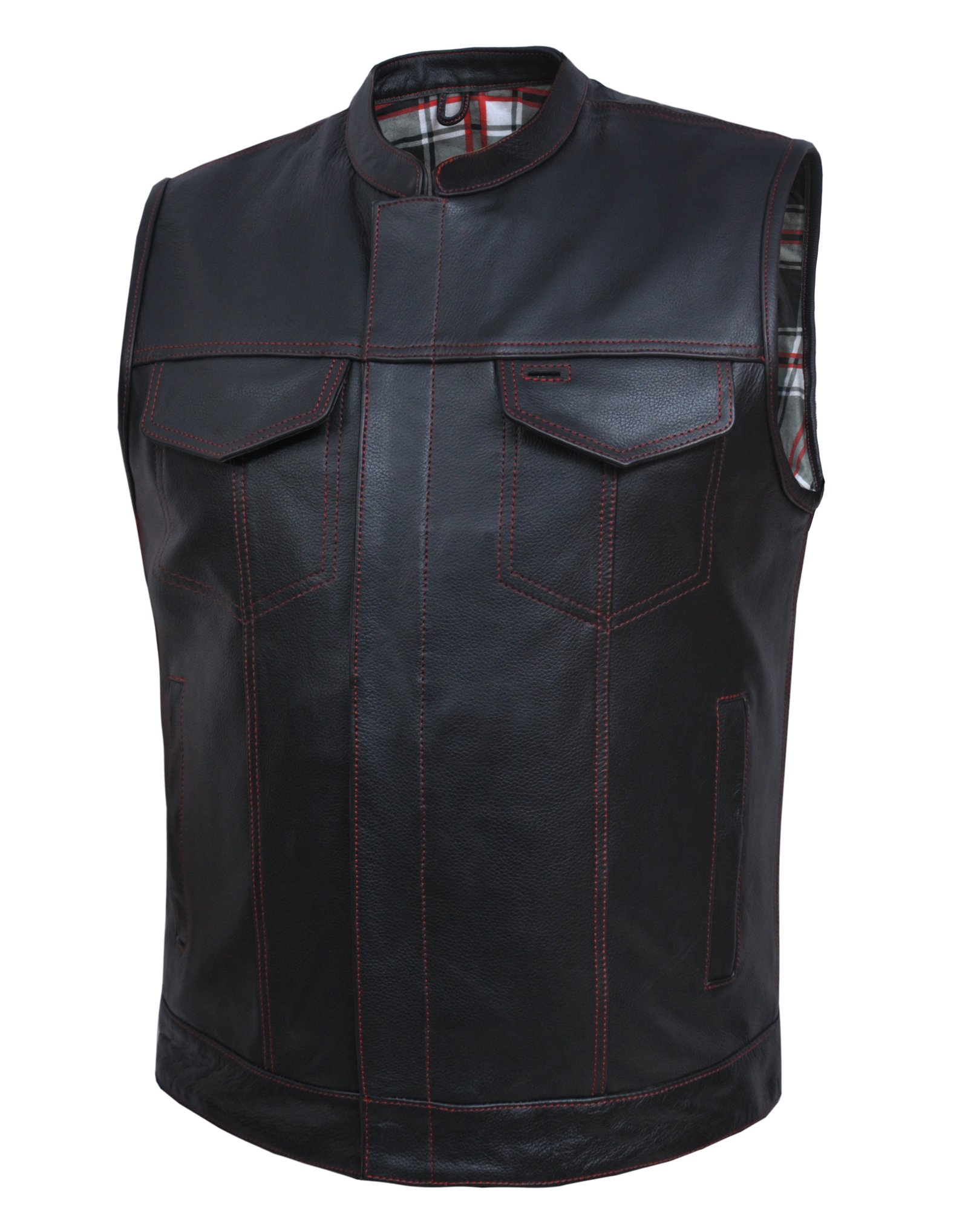 Leather Motorcycle Vest - Men's -  Black and Red Flannel Liner - 6664-01-UN