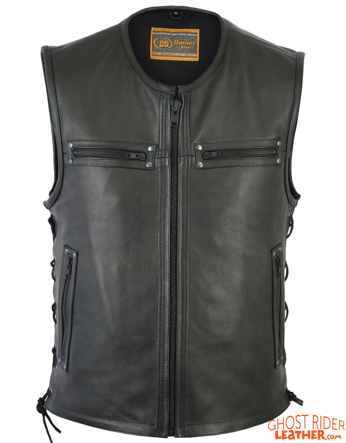 Leather Motorcycle Vest - Men's - Up To Size 6XL - Side Laces - 10 Pocket - Big and Tall - DS146-DS