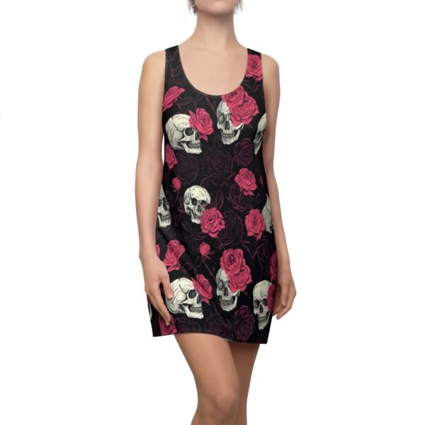 Skulls and Roses - Pink White on Black - Women's Cut & Sew Racerback Dress (AOP)