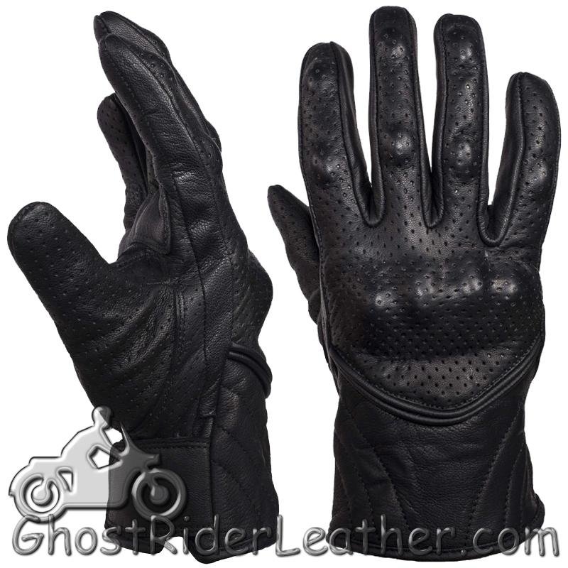 Mens Perforated Short Leather Racing Gloves With Hard Knuckles - SKU GLZ66-DL