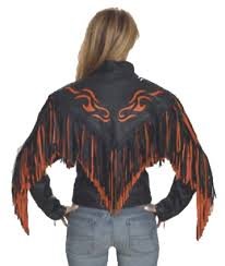Women's Leather Motorcycle Jacket With Orange Flames and Fringe - SKU LJ259-DL