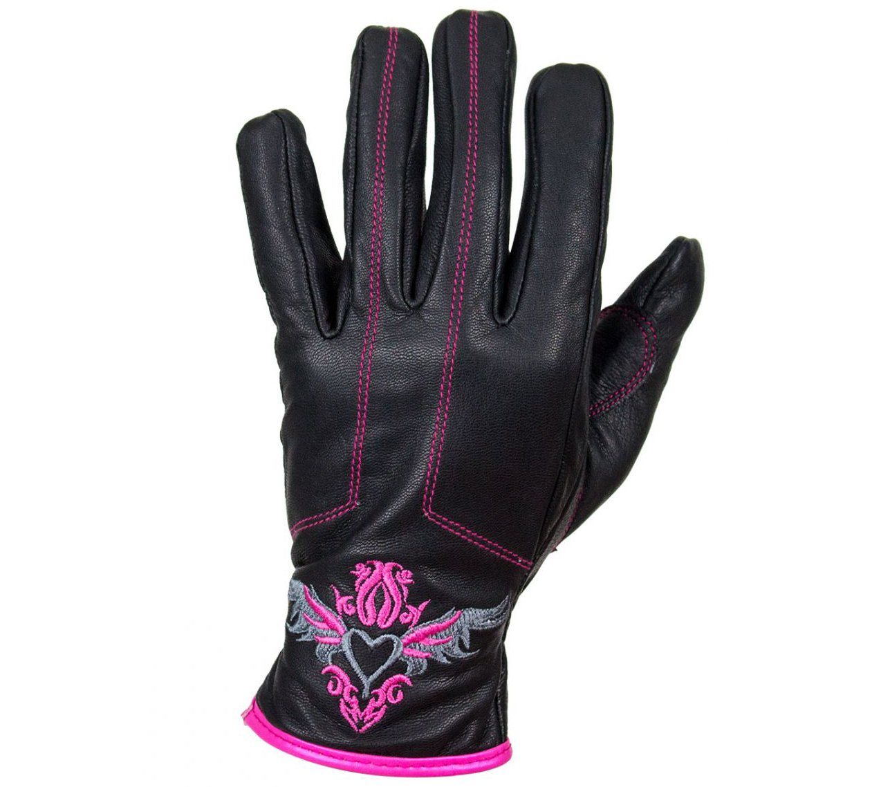 Leather Riding Gloves - Women's - Pink Embroidery - Full Finger - Motorcycle - GLZ106-EBL1-PINK-DL