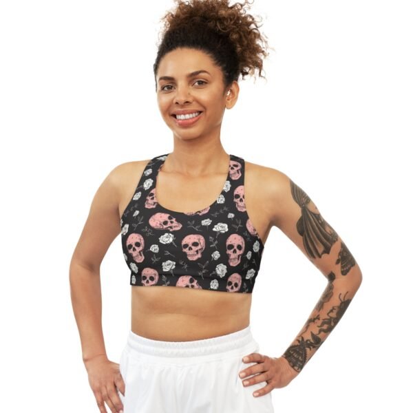 Skulls and Roses - Pink White on Black - Seamless Sports Bra (AOP)