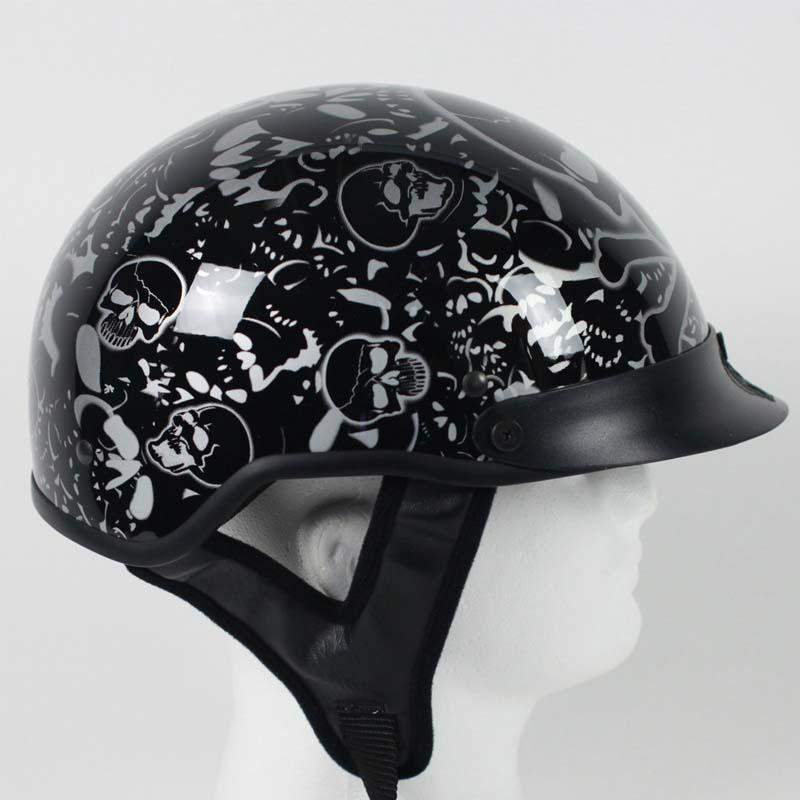 DOT Motorcycle Helmet - Gloss Black - Boneyard Skulls - Shorty - 1VBYB-HI