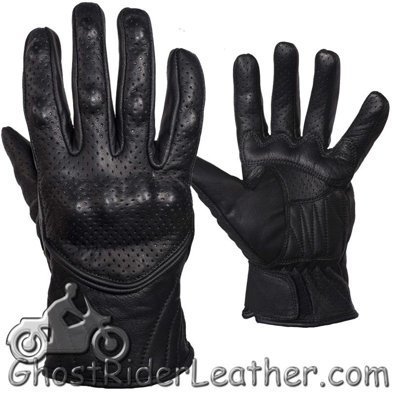 Mens Perforated Short Leather Racing Gloves With Hard Knuckles - SKU GLZ66-DL