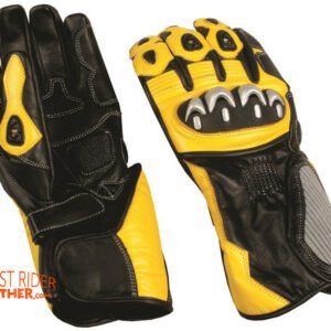 Leather Gloves - Men's - Sport Bike - Knuckle Protector - Yellow Black - AL3082-AL