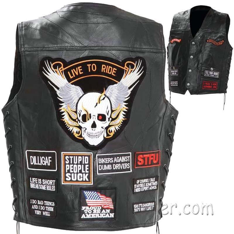 Patchwork Leather Vest - Men's - Concealed Carry - 16 Patches - GFV16-BN