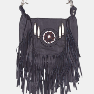 Leather Clip On Bag - Beaded - Fringe - Black - Belt Bag - 2114-00-UN