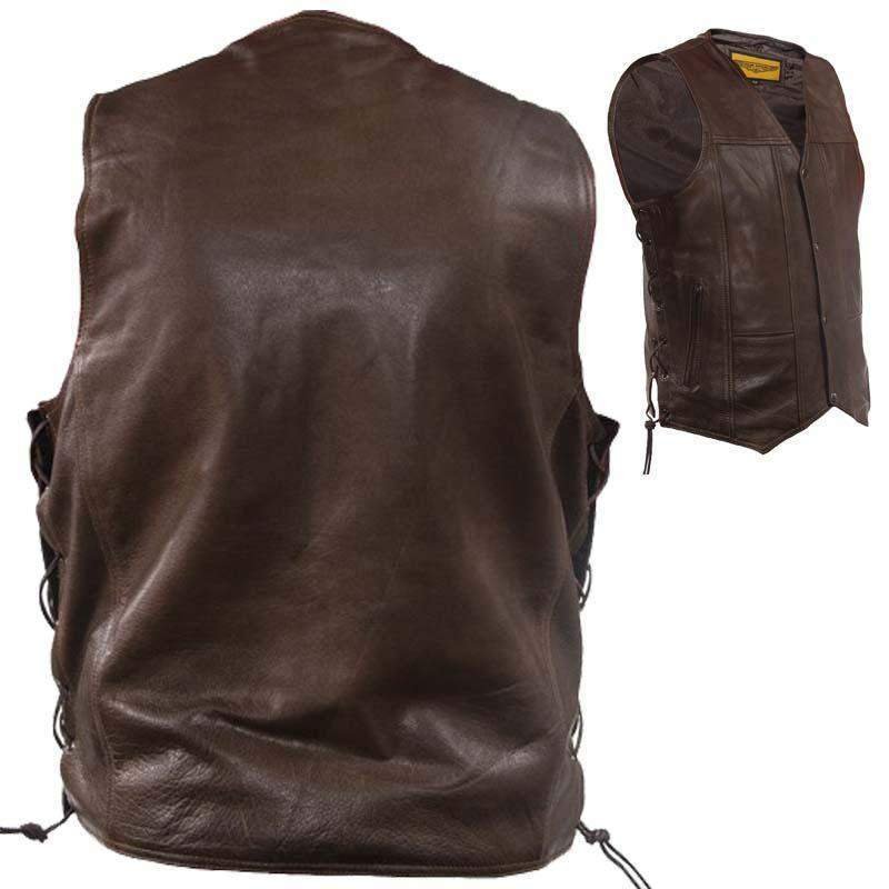 Leather Motorcycle Vest - Men's - Brown - 10 Pocket - MV310-BRN-11-DL