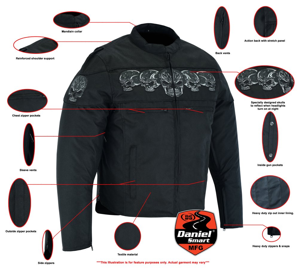Textile Motorcycle Jacket - Men's - Reflective Skulls - Up To 6XL - Concealed Carry Pockets - DS600-DS