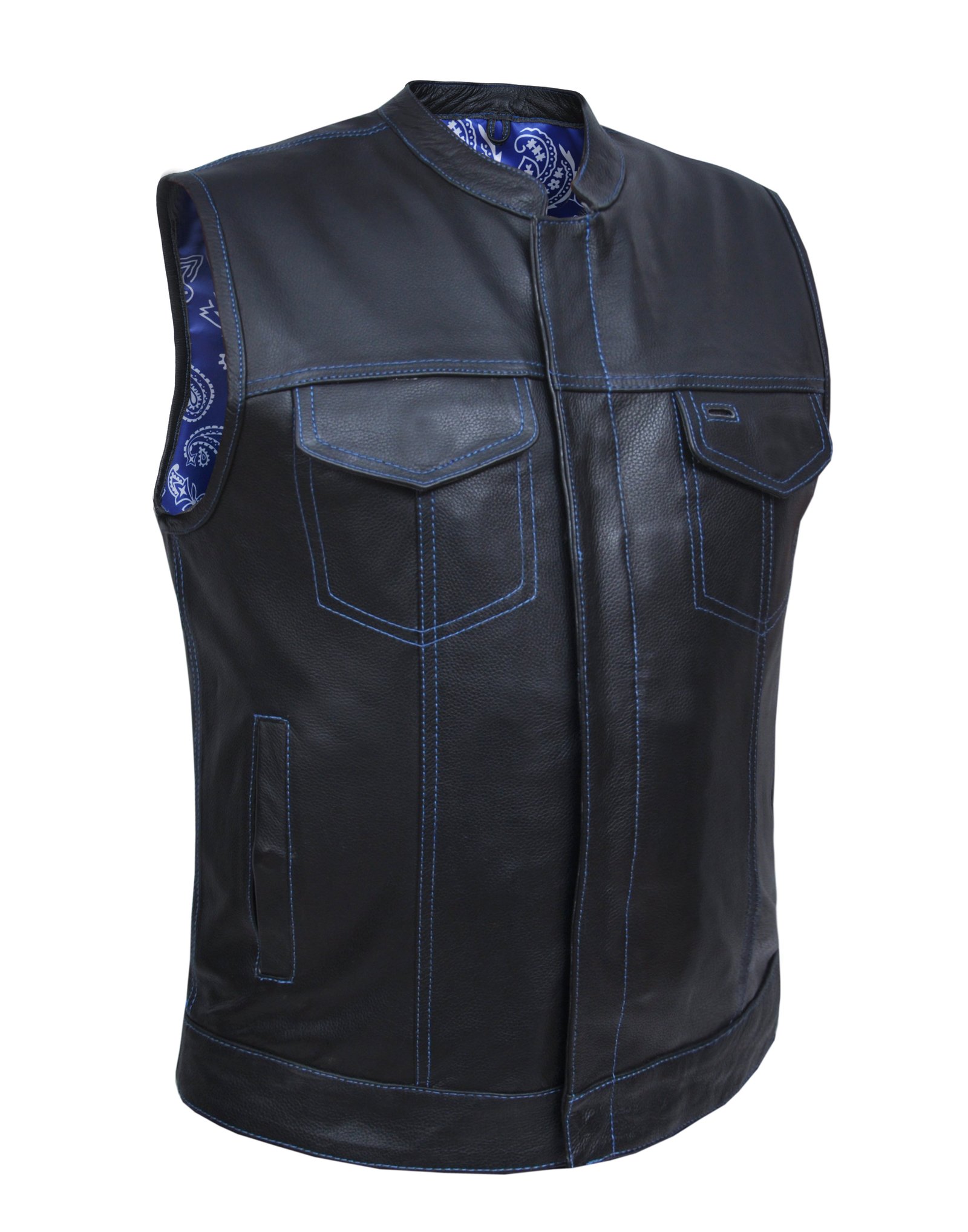 Leather Motorcycle Vest - Men's - Up To 8XL - Blue Paisley Liner - 6665-03-UN