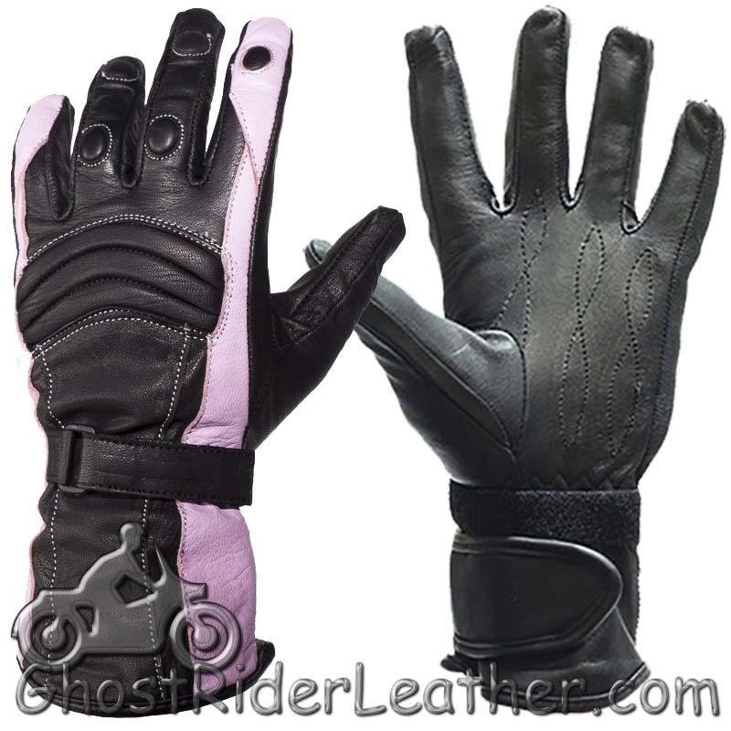 Ladies Leather Gauntlet Gloves in Pink and Black With Padded Knuckles - SKU GLZ60-PINK-DL