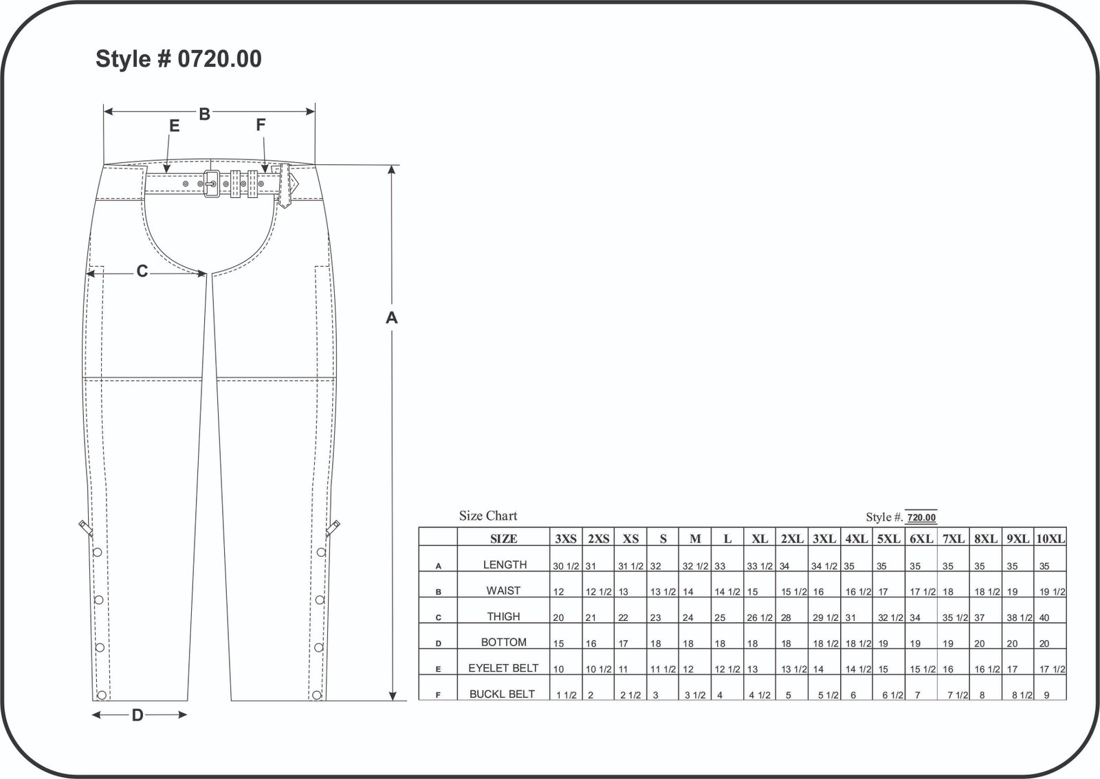 Leather Chaps - Unisex - Tombstone Gray - Motorcycle - 720-GN-UN Size Chart