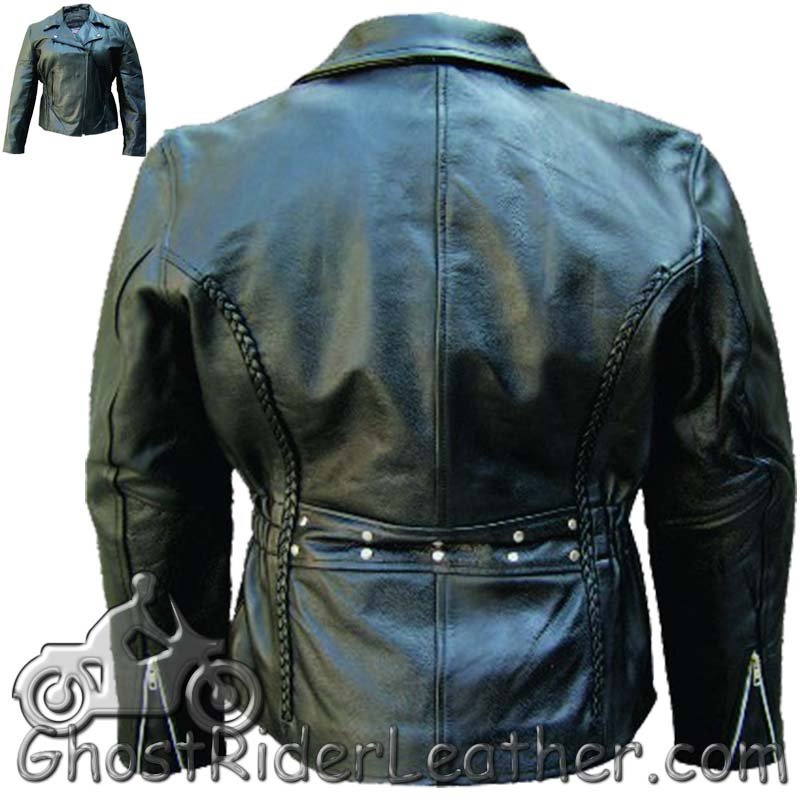 Ladies Biker Leather Jacket With Braid Trim - SKU AL2103-AL