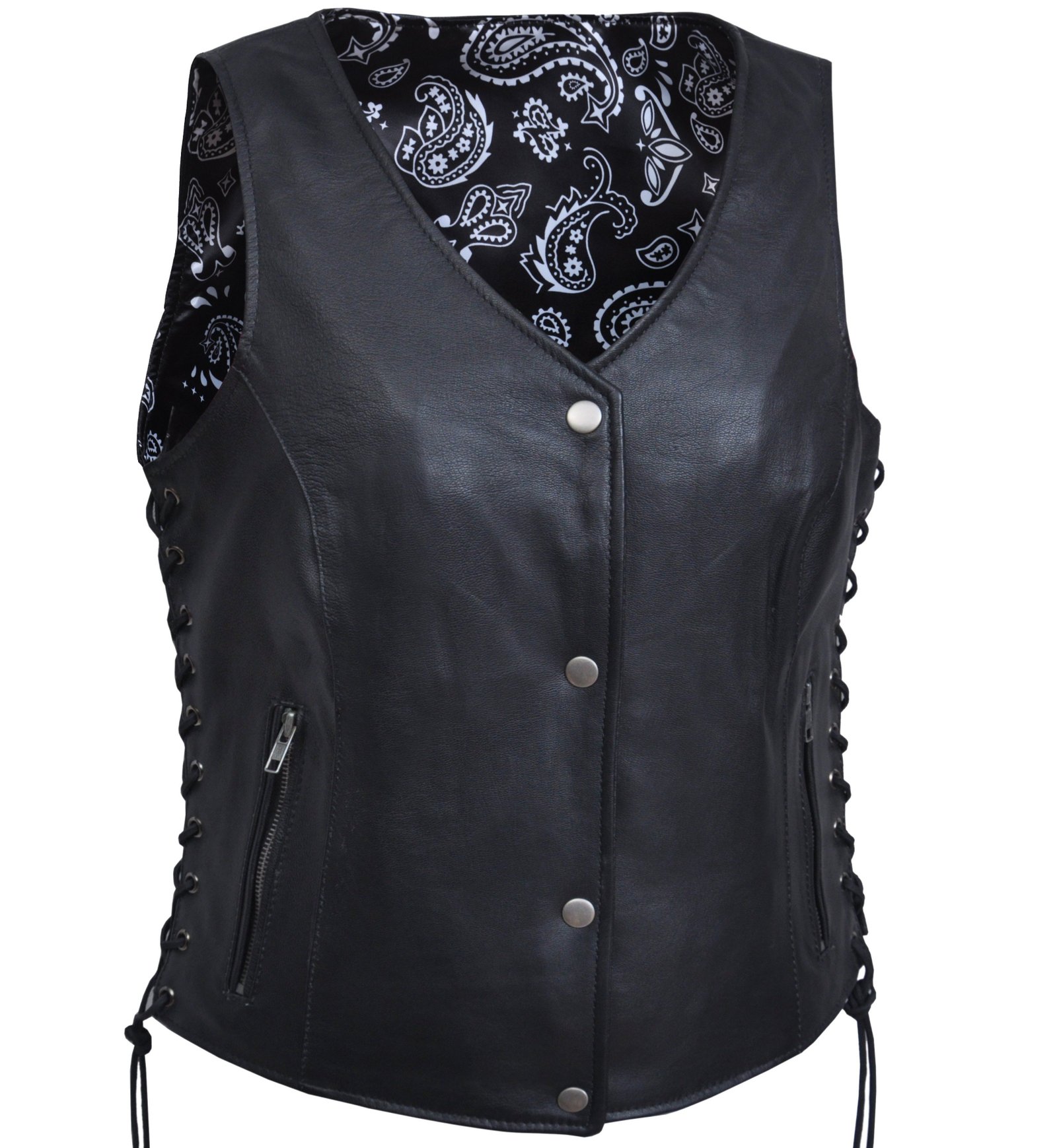 Leather Vest - Women's - Black Paisley Lining - Side Laces - 6890-00-UN