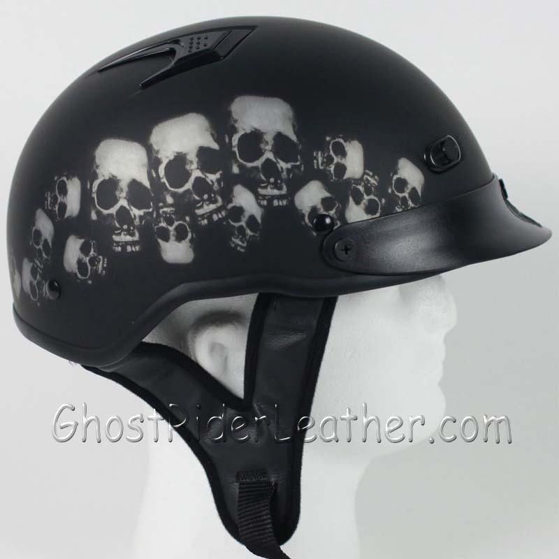 DOT Vented Skull Pile Flat Black Shorty Motorcycle Helmet - SKU GRL-1VSP-HI