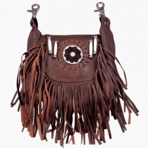 Leather Clip On Bag - Beaded - Fringe - Brown - Belt Bag - 2114-BR-UN