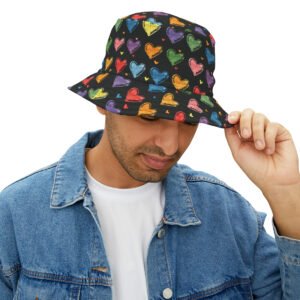 Colorful Hearts Pattern - Multi Colors on Black - Biker Bucket Hat