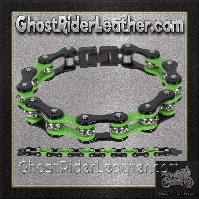 Black and Green Motorcycle Chain Bracelet with Gemstones - SKU GRL-BR37-DL