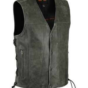 Leather Motorcycle Vest - Men's - Gray - Gun Pockets - Side Laces - Up To 8XL - DS105V-DS