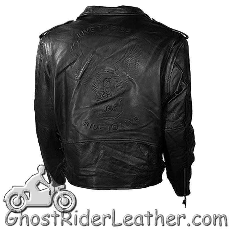 Embossed Black Eagle Motorcycle Jacket with Side Laces and Live To Ride - SKU MJ703-11-DL