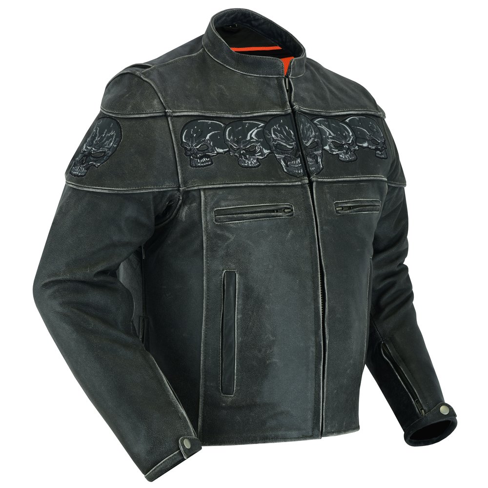 Leather Motorcycle Jacket - Men's - Reflective Skulls - Racer - DS723-DS