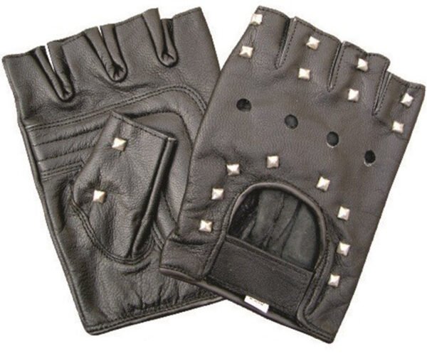 Leather Motorcycle Gloves - Unisex - Studded - Fingerless - AL3005-AL