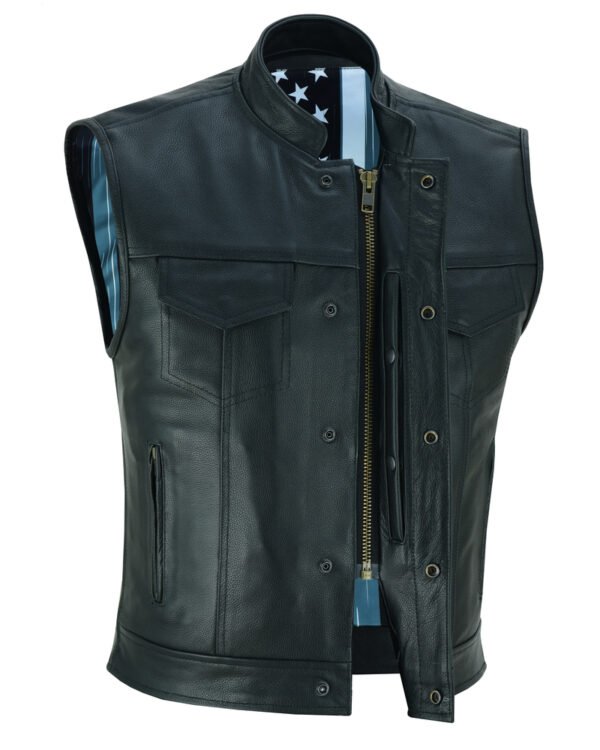 Leather Motorcycle Vest - Men's - Flag and Skull Lining - Club - Up To 8XL - DS193-DS