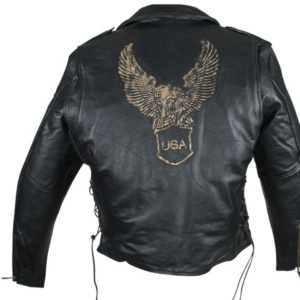 Embossed Retro Black Eagle Motorcycle Jacket with Side Laces and Live To Ride - SKU MJ703-01-NLR-DL