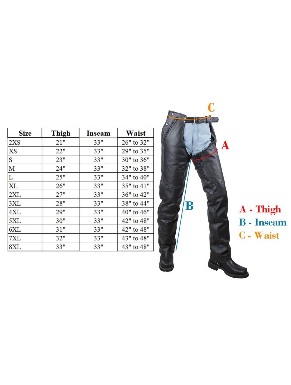 Size chart for women's leather chaps.