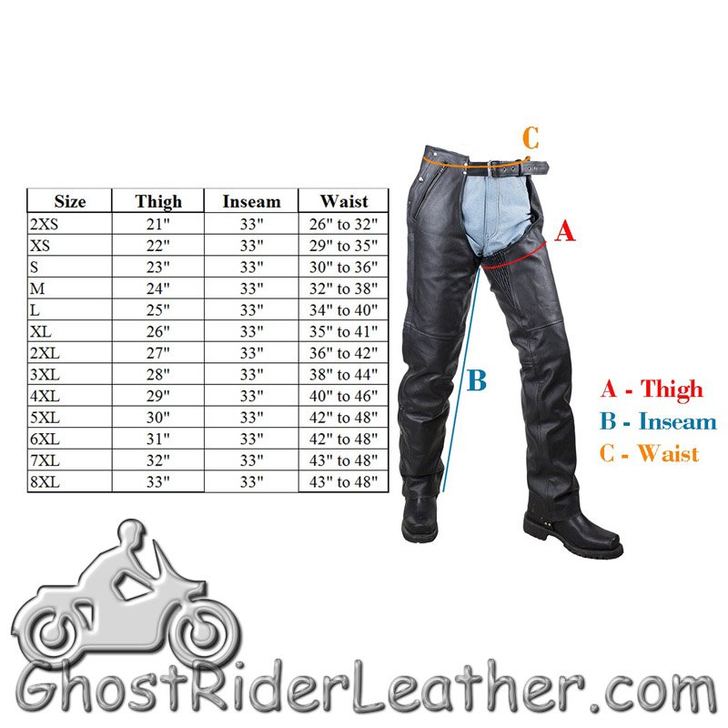 Size chart for men's distressed brown leather motorcycle chaps.