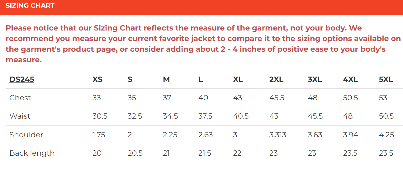 Size chart for women's leather motorcycle vest.