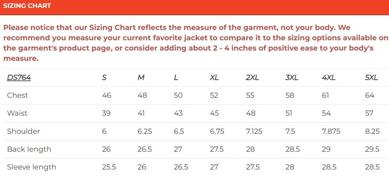 Size chart for men's black mesh motorcycle jacket.