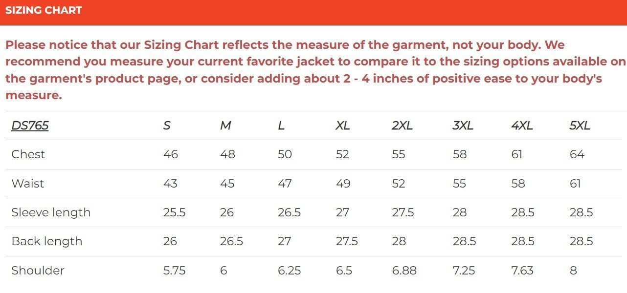 Size chart for men's green mesh motorcycle jacket.